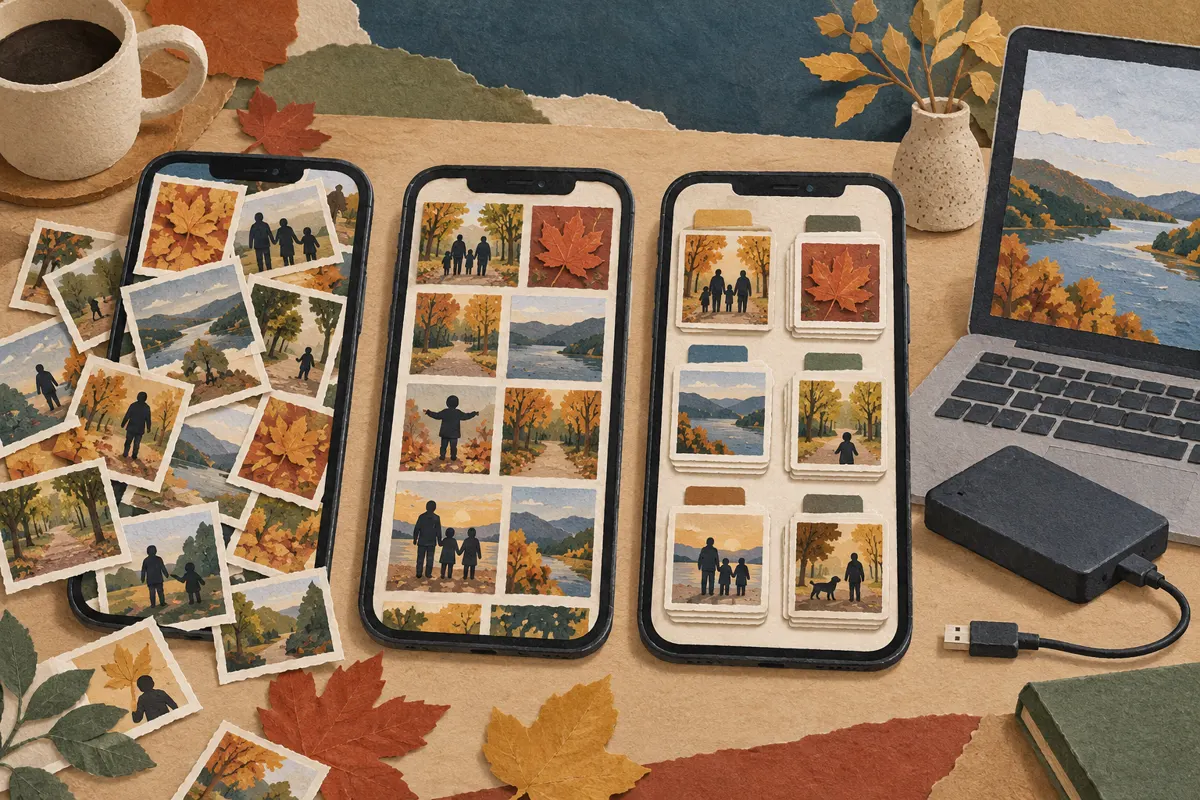 Ilustracja porządkowania zdjęć z trzech rodzinnych telefonów w albumy oraz kopiowania ich na osobny dysk.